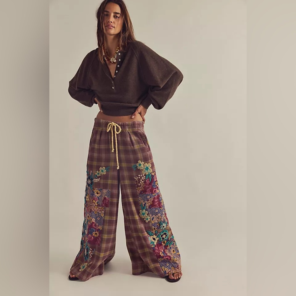 Free People Brooks Embroidered Wide-Leg Patchwork Pants Green Combo - Picture 3 of 15